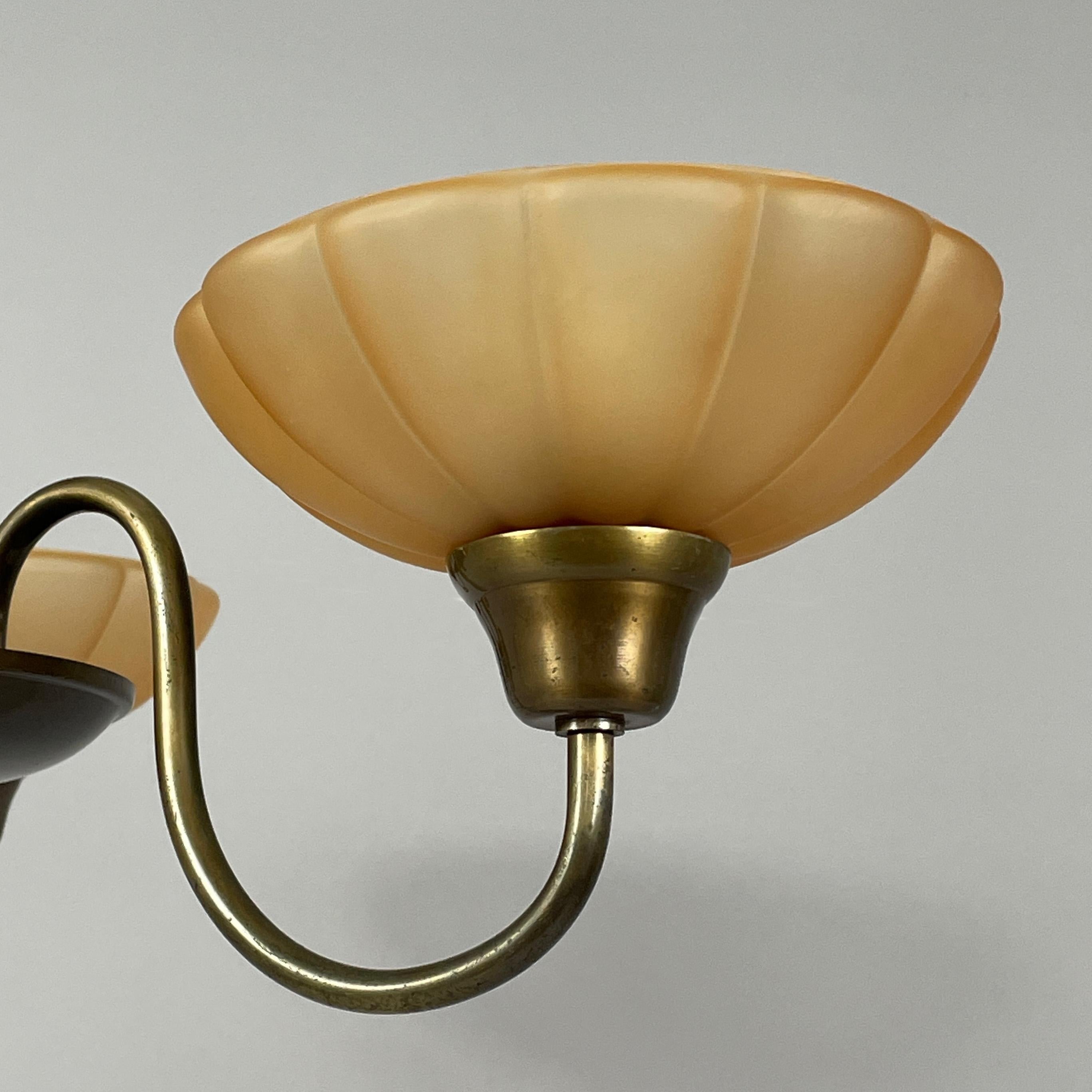 Mid-20th Century Art Deco Havanna Glass & Bronzed Brass Chandelier, Sweden 1930s For Sale