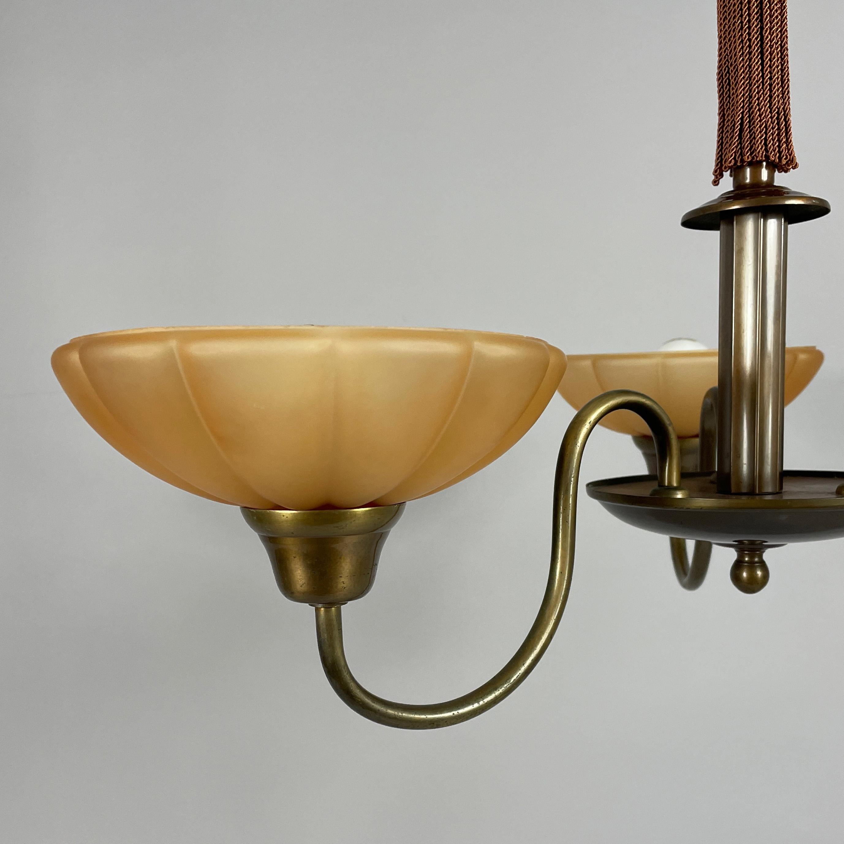 Art Deco Havanna Glass & Bronzed Brass Chandelier, Sweden 1930s For Sale 1
