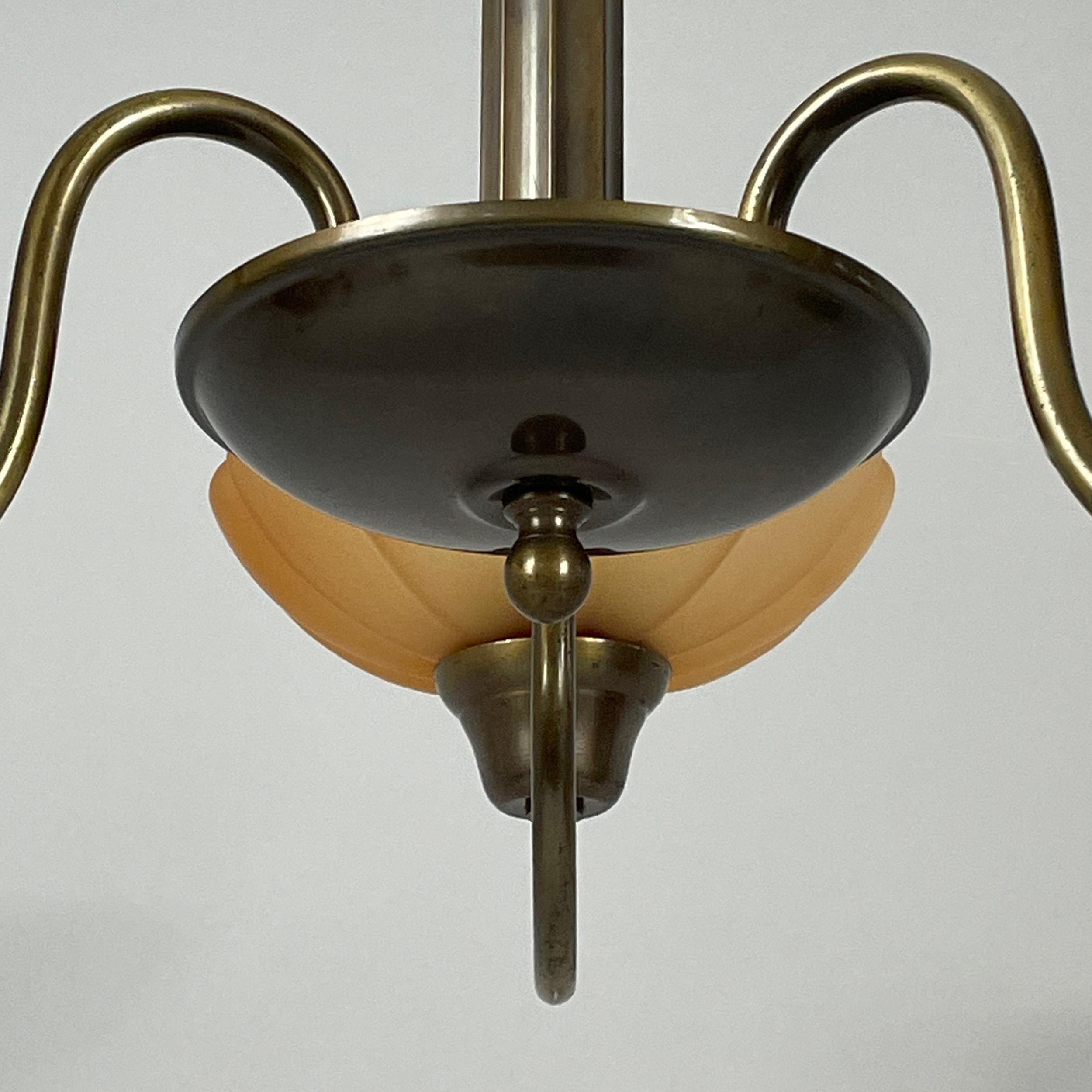 Art Deco Havanna Glass & Bronzed Brass Chandelier, Sweden 1930s For Sale 2