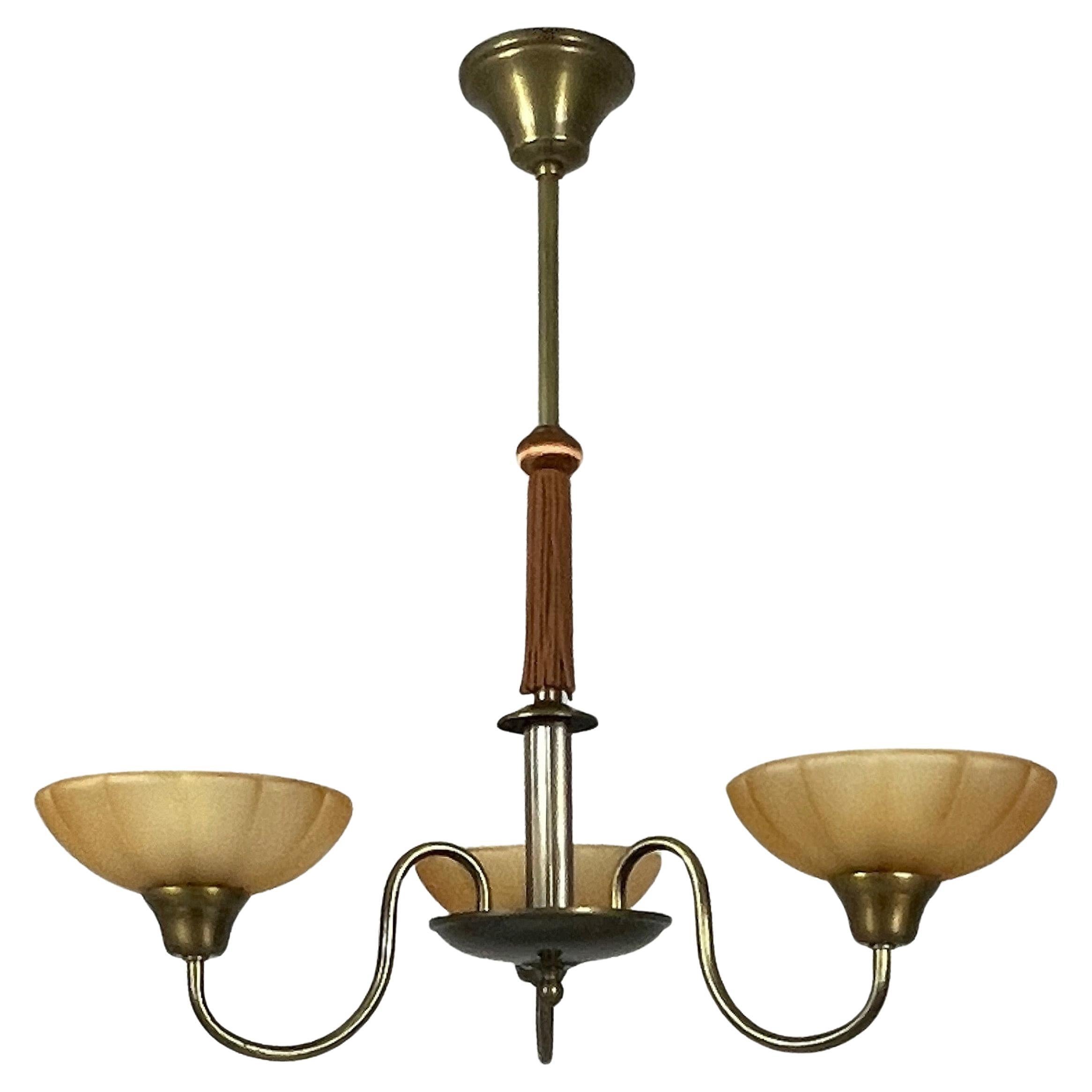Art Deco Havanna Glass & Bronzed Brass Chandelier, Sweden 1930s