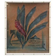 Used Art Deco Hawaiian "Red Ginger" Print in Carved Wood Bamboo Frame
