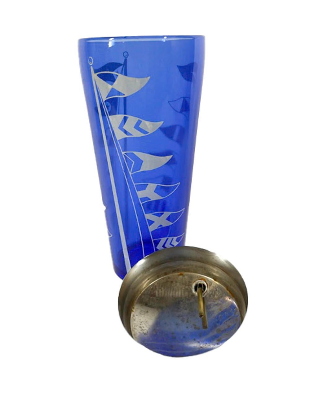 Art Deco Hazel-Atlas Cobalt Blue Cocktail Shaker with White Nautical Flags In Good Condition For Sale In Nantucket, MA
