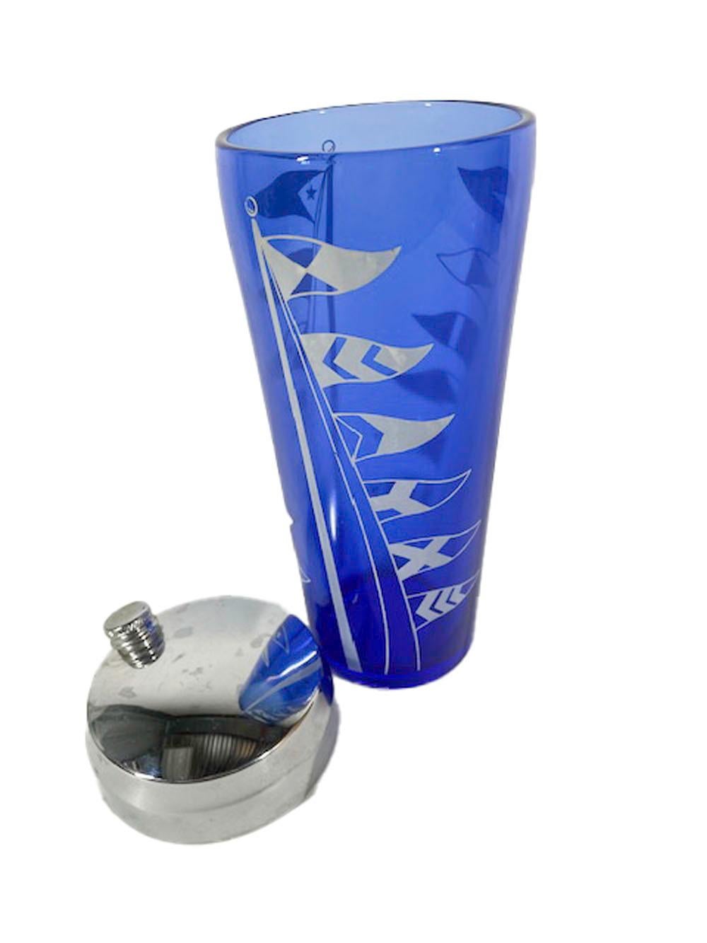 Glass Art Deco Hazel-Atlas Cobalt Blue Cocktail Shaker with White Nautical Flags For Sale