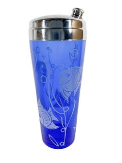 Art Deco, Hazel-Atlas Cobalt Cocktail Shaker and Glasses with Tropical Fish