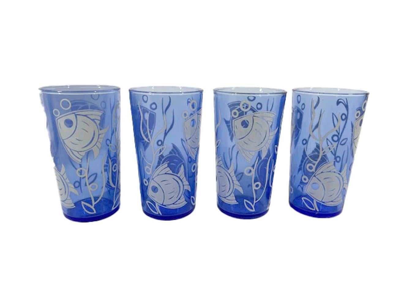 Art Deco, Hazel-Atlas Cobalt Cocktail Shaker and Glasses with Tropical Fish In Good Condition In Nantucket, MA