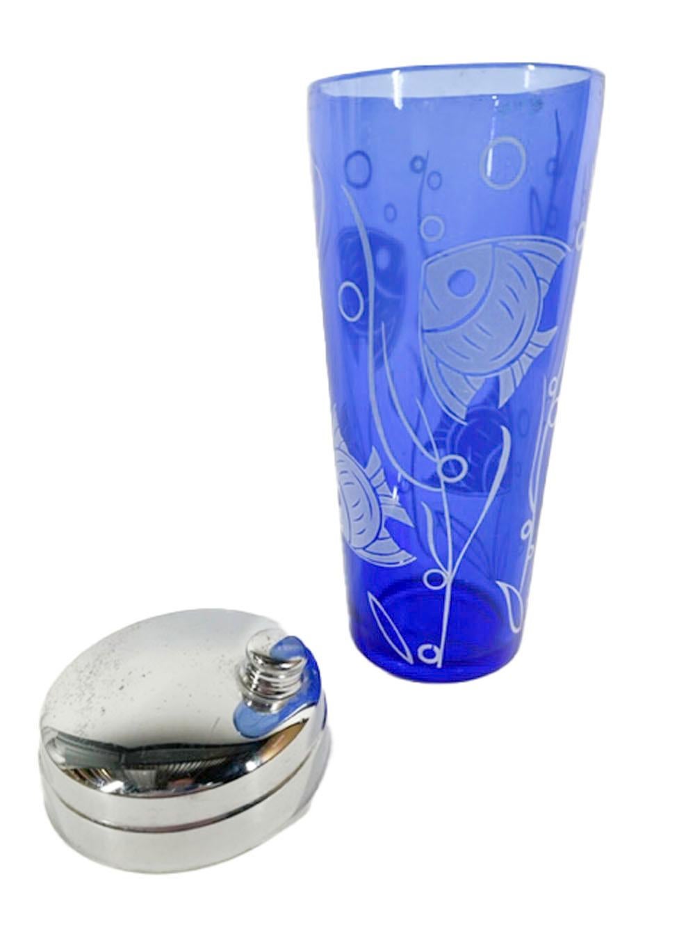Art Deco, Hazel-Atlas Cobalt Cocktail Shaker and Glasses with Tropical Fish 1