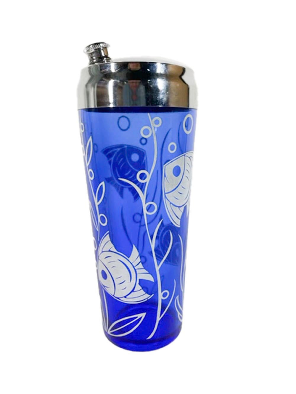 Art Deco Hazel-Atlas Cobalt Cocktail Shaker with White Tropical Fish In Good Condition For Sale In Nantucket, MA