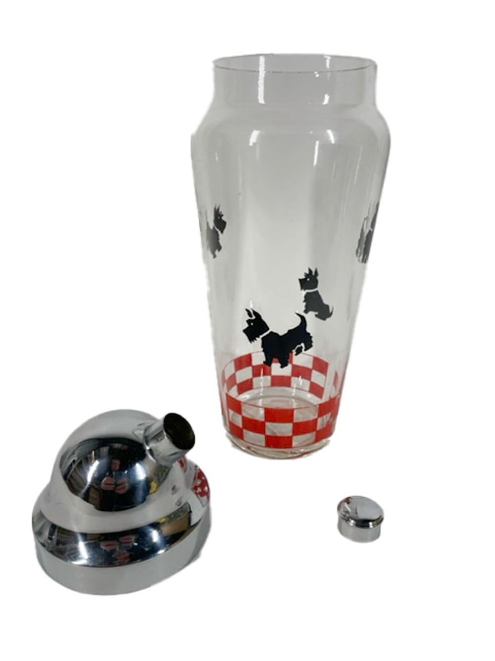 American Art Deco, Hazel Atlas Cocktail Shaker with Black Scotties and Red Check Band For Sale