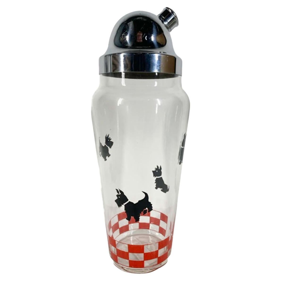 Art Deco, Hazel Atlas Cocktail Shaker with Black Scotties and Red Check Band