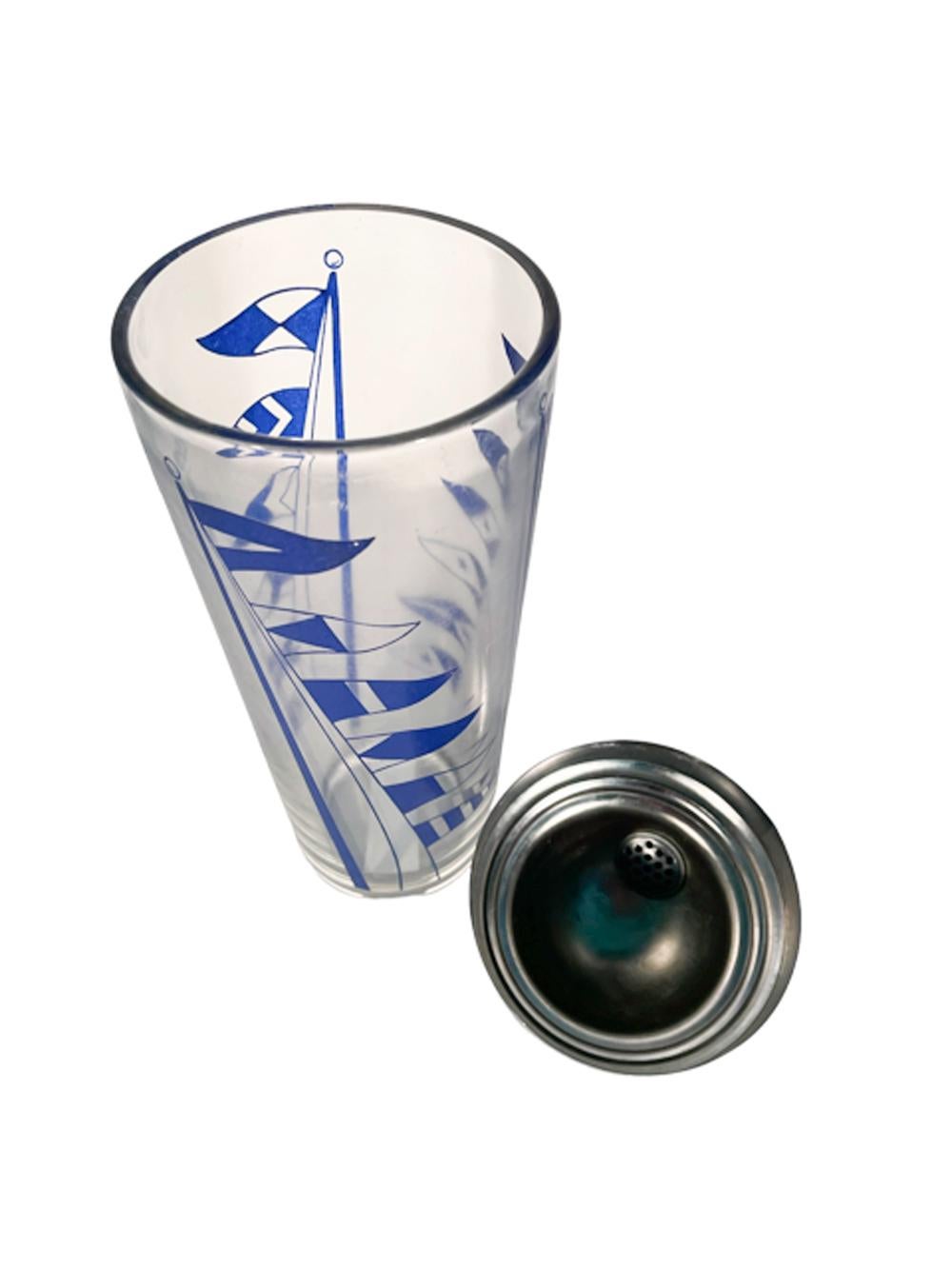 Hazel-Atlas Art Deco Cocktail Shaker from the Sportsmans Series decorated with nautical signal flags on clear glass and with a chrome lid.