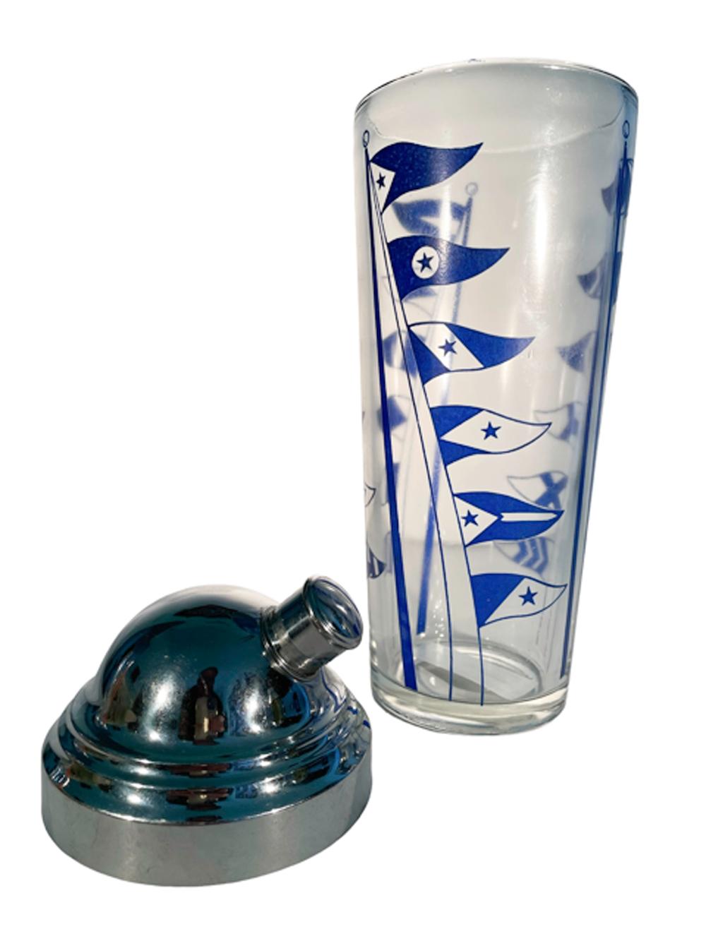 Glass Art Deco Hazel Atlas Cocktail Shaker with Blue Nautical Signal Flags