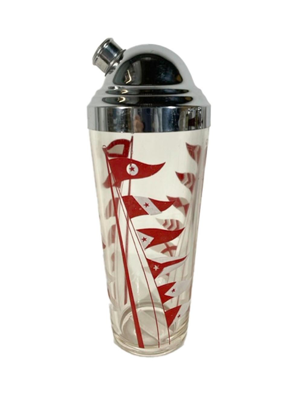 Hazel-Atlas, Art Deco cocktail shaker with a domed chrome lid, decorated with nautical signal flags in red and white enamel.