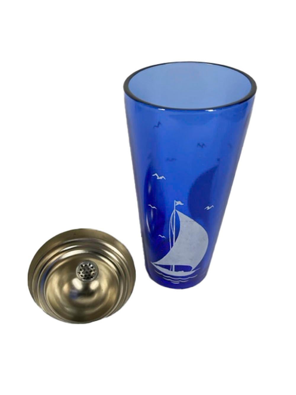 20th Century Art Deco, Hazel-Atlas Cocktail Shaker with White Sailboat on Cobalt Glass For Sale