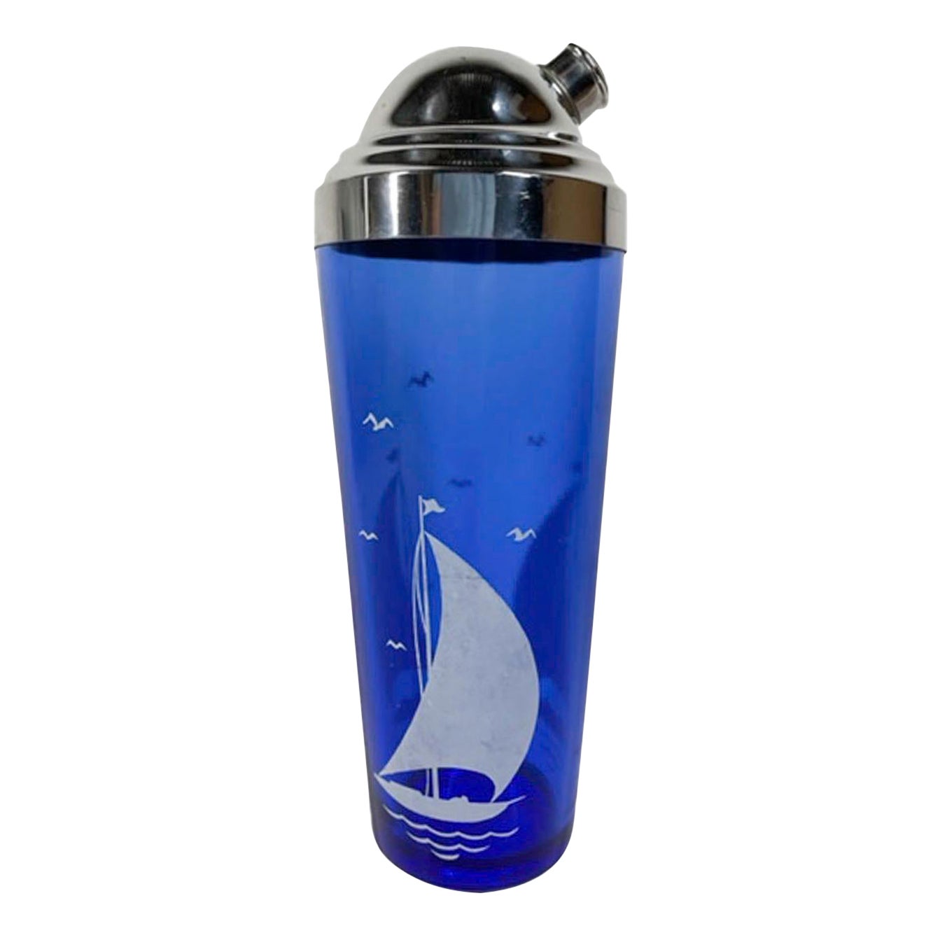 Art Deco, Hazel-Atlas Cocktail Shaker with White Sailboat on Cobalt Glass
