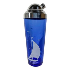 Art Deco, Hazel-Atlas Cocktail Shaker with White Sailboat on Cobalt Glass