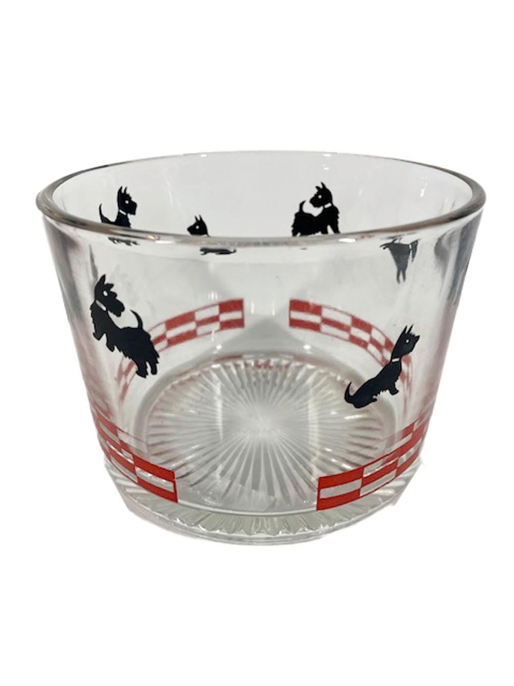 Art Deco ice bowl by Hazel-Atlas with molded bottom and decorated around the sides with black Scottish Terriers in various poses above a band of red checks.