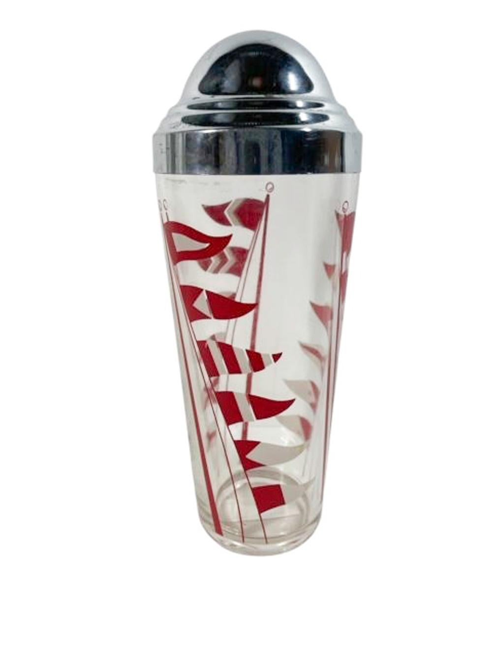 American Art Deco Hazel Atlas Nautical Flag Cocktail Shaker Set / Red & White Flags
