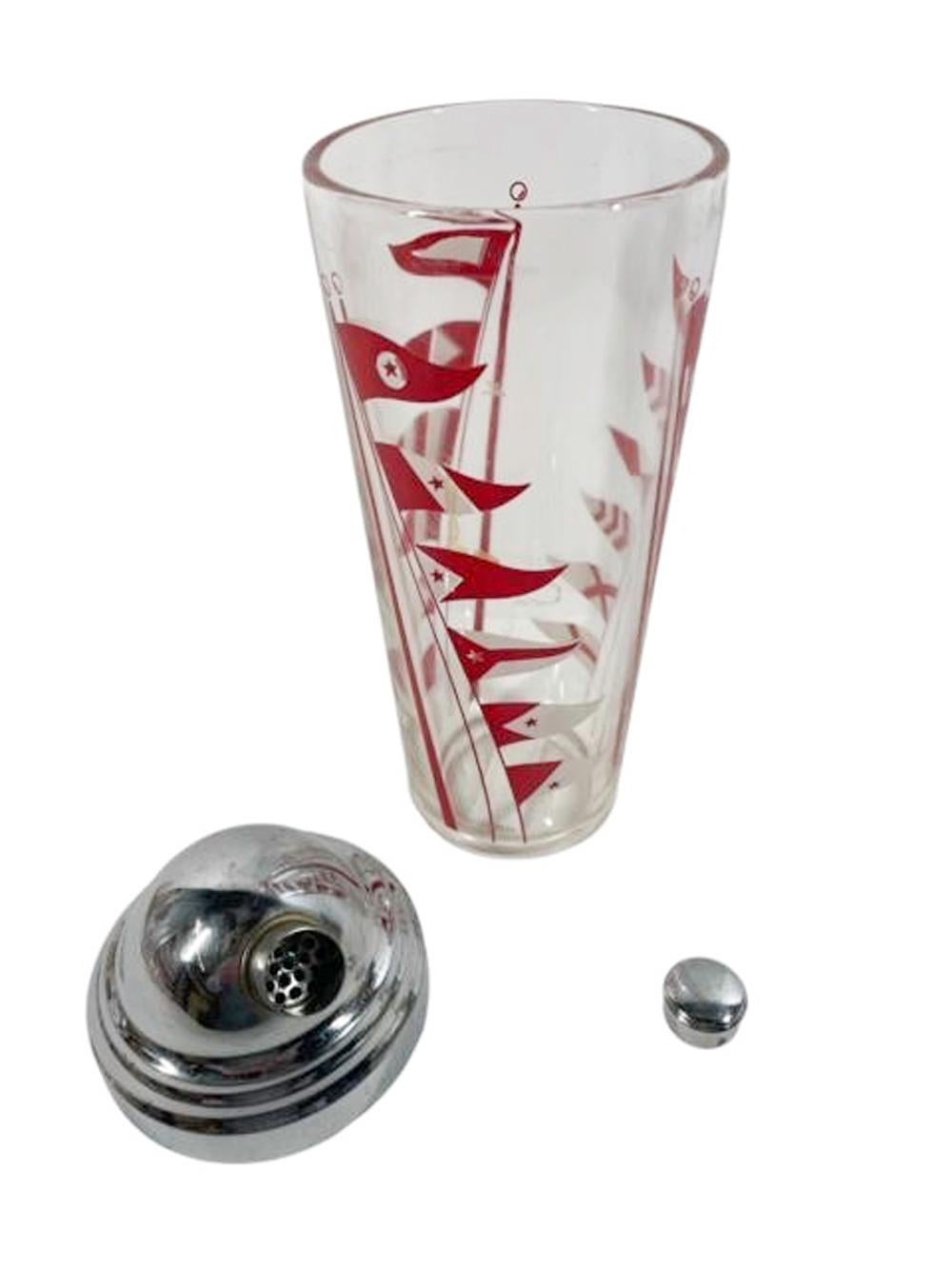 Glass Art Deco Hazel Atlas Nautical Flag Cocktail Shaker Set / Red & White Flags