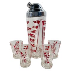 Art Deco Hazel Atlas Nautical Flag Cocktail Shaker Set / Red & White Flags