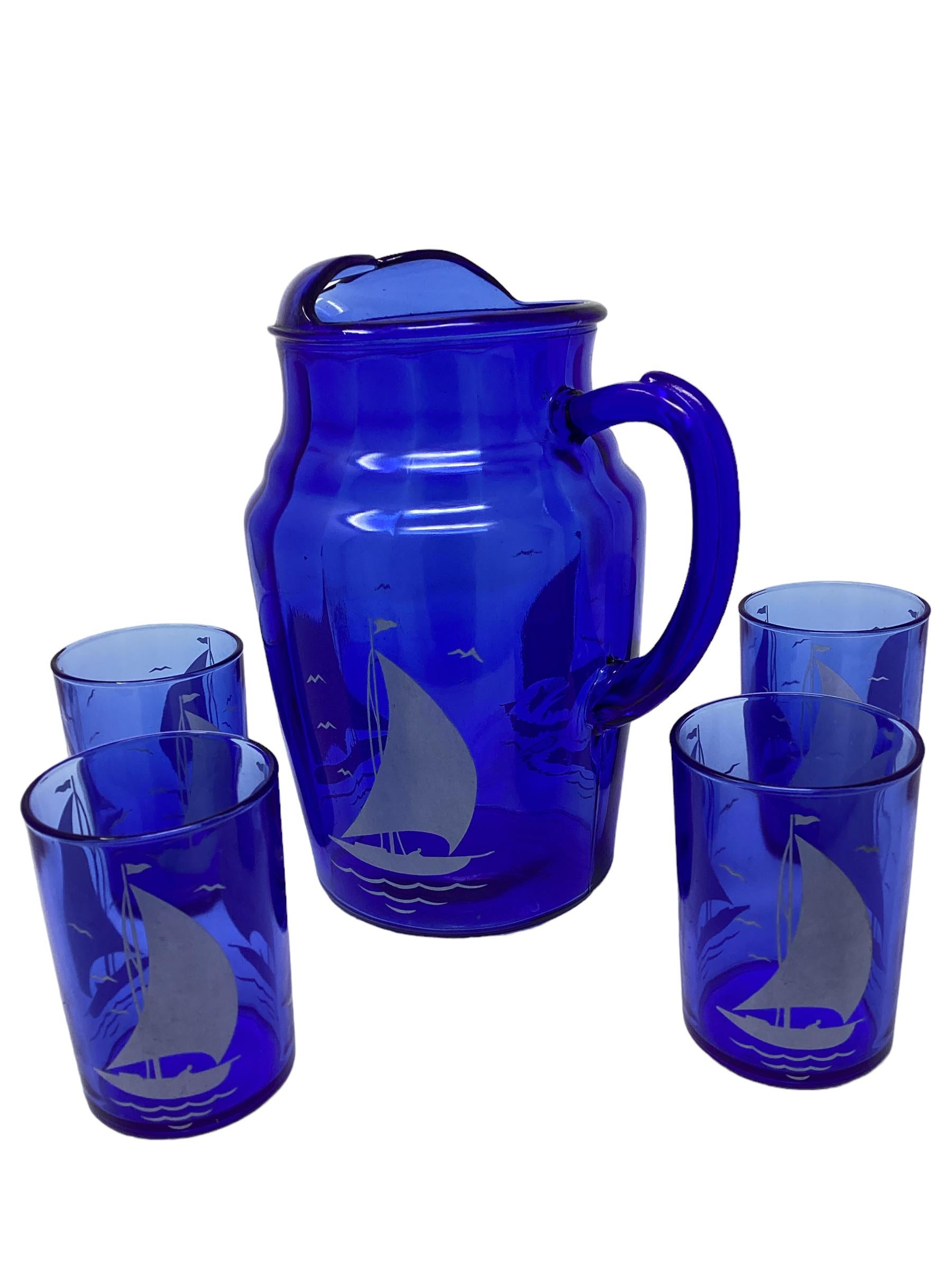 Art Deco Hazel-Atlas Sportsman Series Cobalt with White Sailboats Cocktail Set For Sale 4