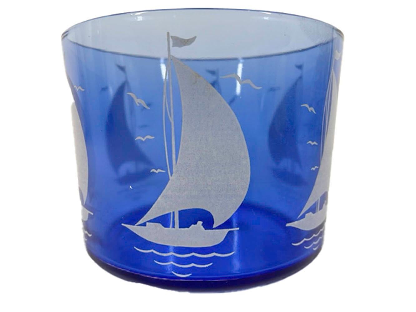 20th Century Art Deco Hazel Atlas Sportsman Series Cobalt with White Sailboats Ice Bowl