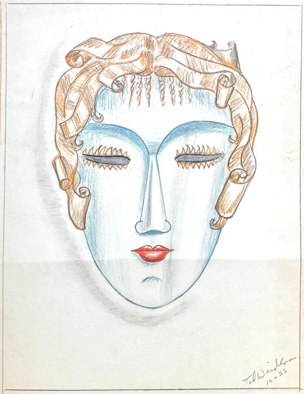 This classic Art Deco drawing was made by Ted Weidhaas, famous for his work in American theater, and in particular for inventing the contour or convoluting curtain for Radio City Music Hall, which was widely adopted for legitimate theaters