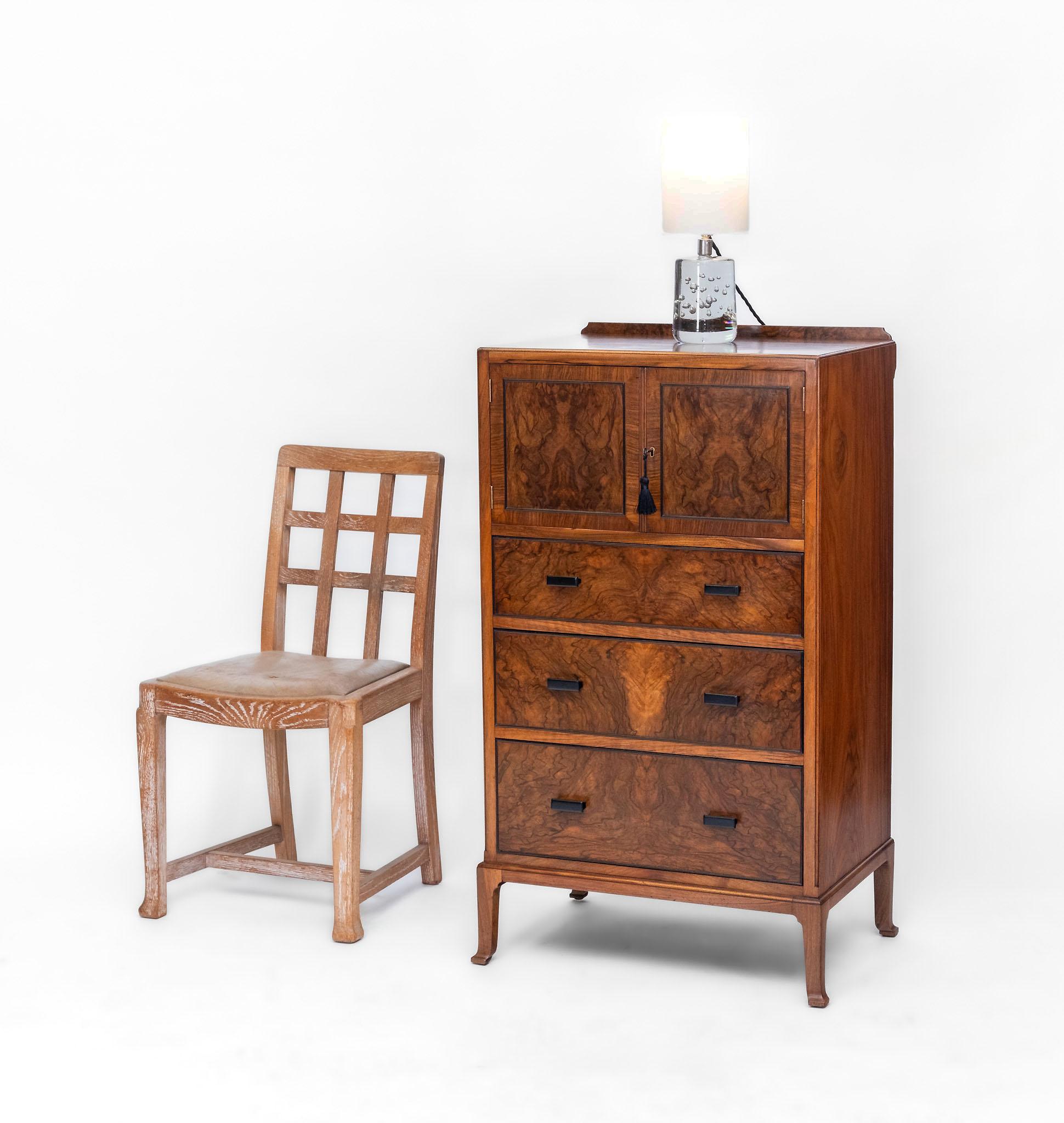 Hand-Crafted Art Deco Heals Figured Walnut Tallboy Chest Of Drawers Of Small Proportions 1930 For Sale