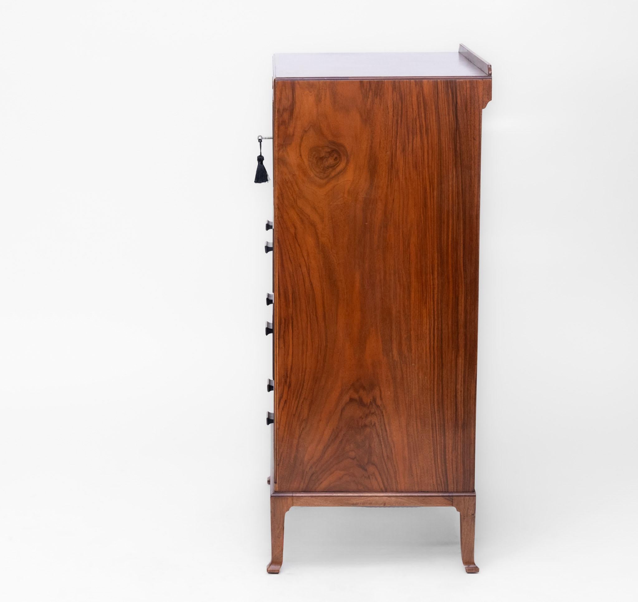 20th Century Art Deco Heals Figured Walnut Tallboy Chest Of Drawers Of Small Proportions 1930 For Sale