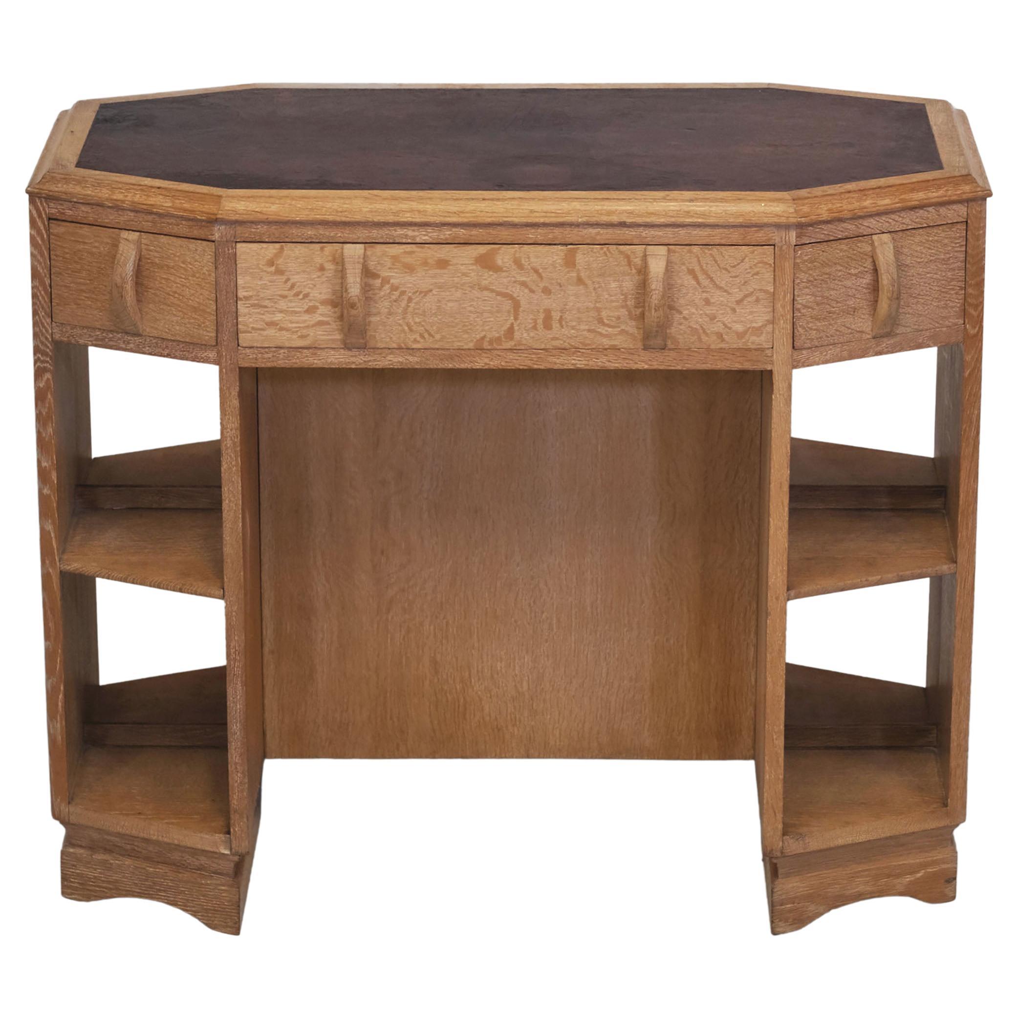 Art Deco Heals Limed Oak Octagonal Writing Desk Double Sided Bookcase 1930 en vente
