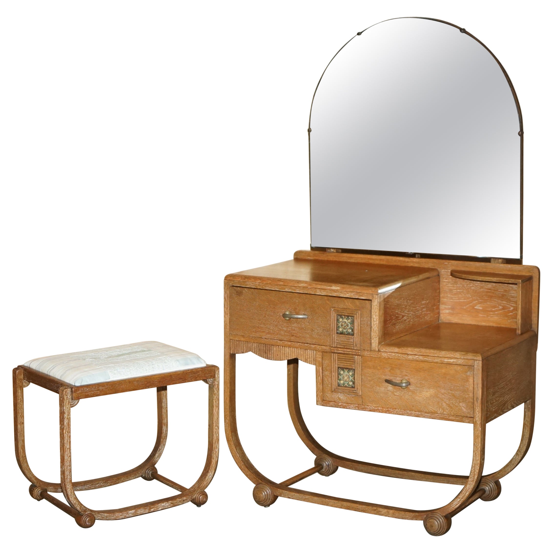 ART DECO HEALS LONDON LiMED OAK DRESSING TABLE & STOOL PART OF A LARGE SUITE For Sale