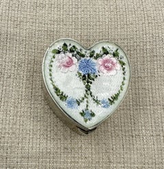 Art Deco Heart Locket Guilloche Enamel Flower Garland Pendant Sterling Silver