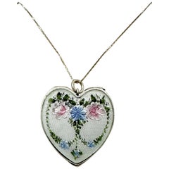 Art Deco Heart Locket Guilloche Enamel Flower Garland Pendant Sterling Silver