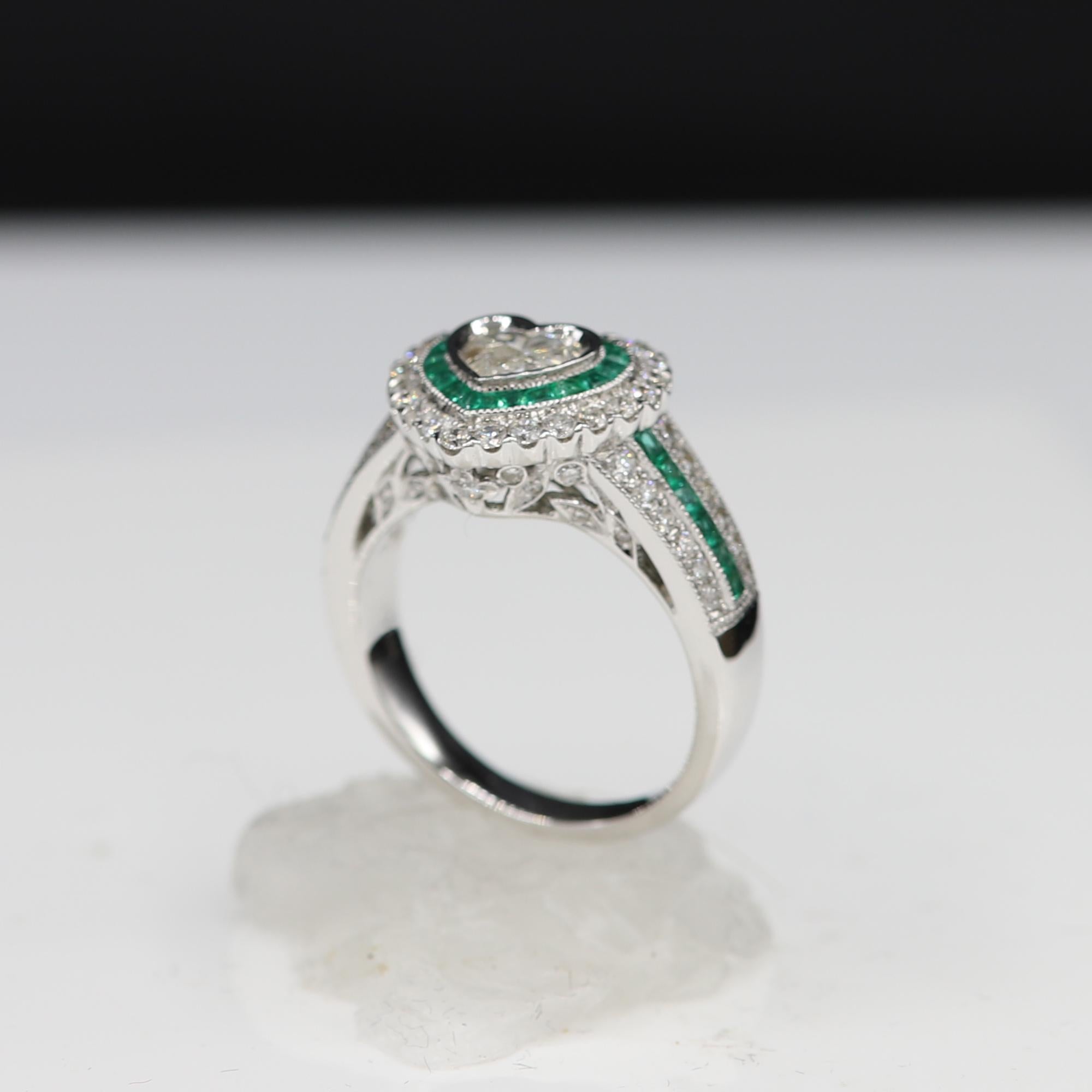 Heart Cut Art Deco Style Heart Ring Diamonds & Emerald Ring Jewelry Heart Diamond For Sale