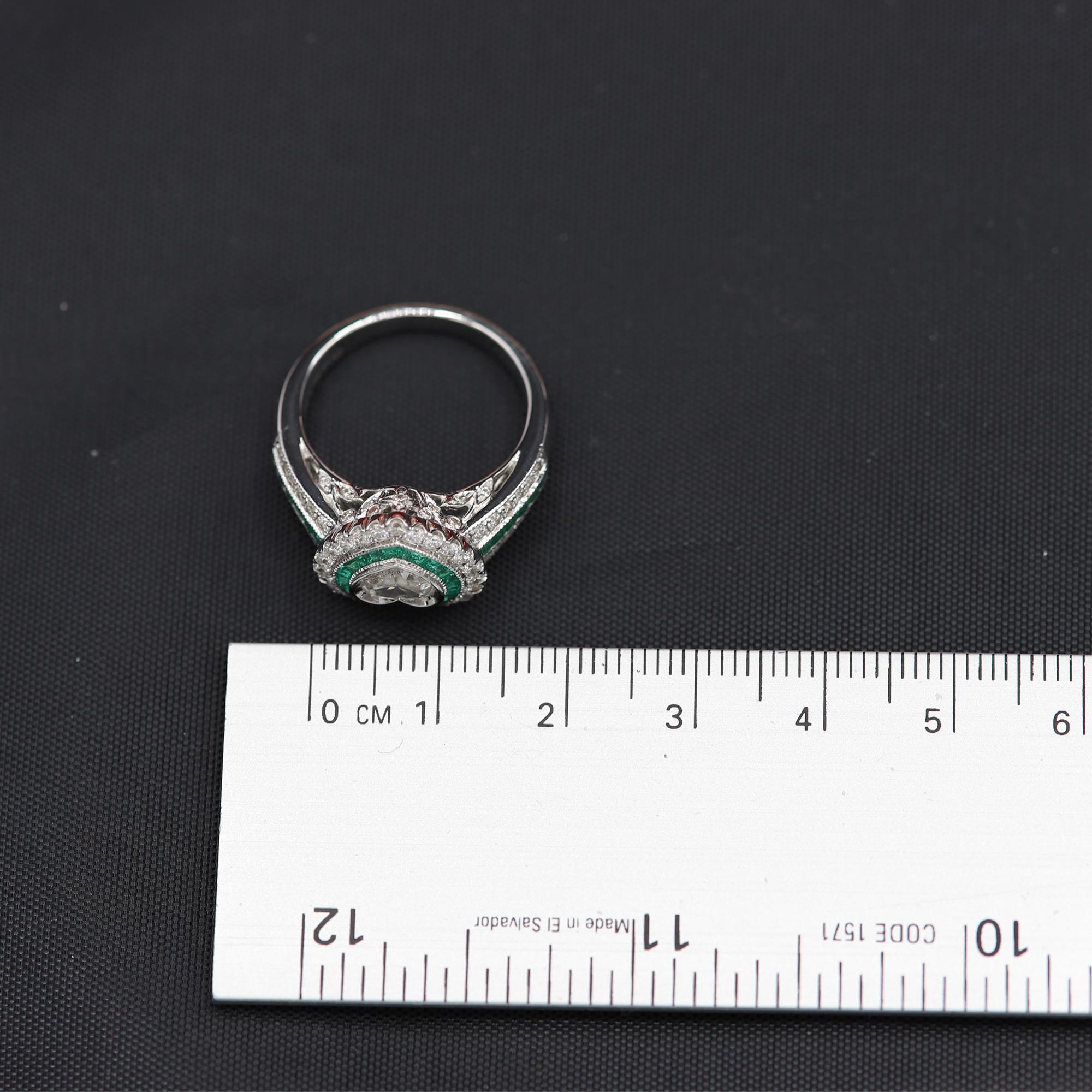 Women's or Men's Art Deco Style Heart Ring Diamonds & Emerald Ring Jewelry Heart Diamond For Sale