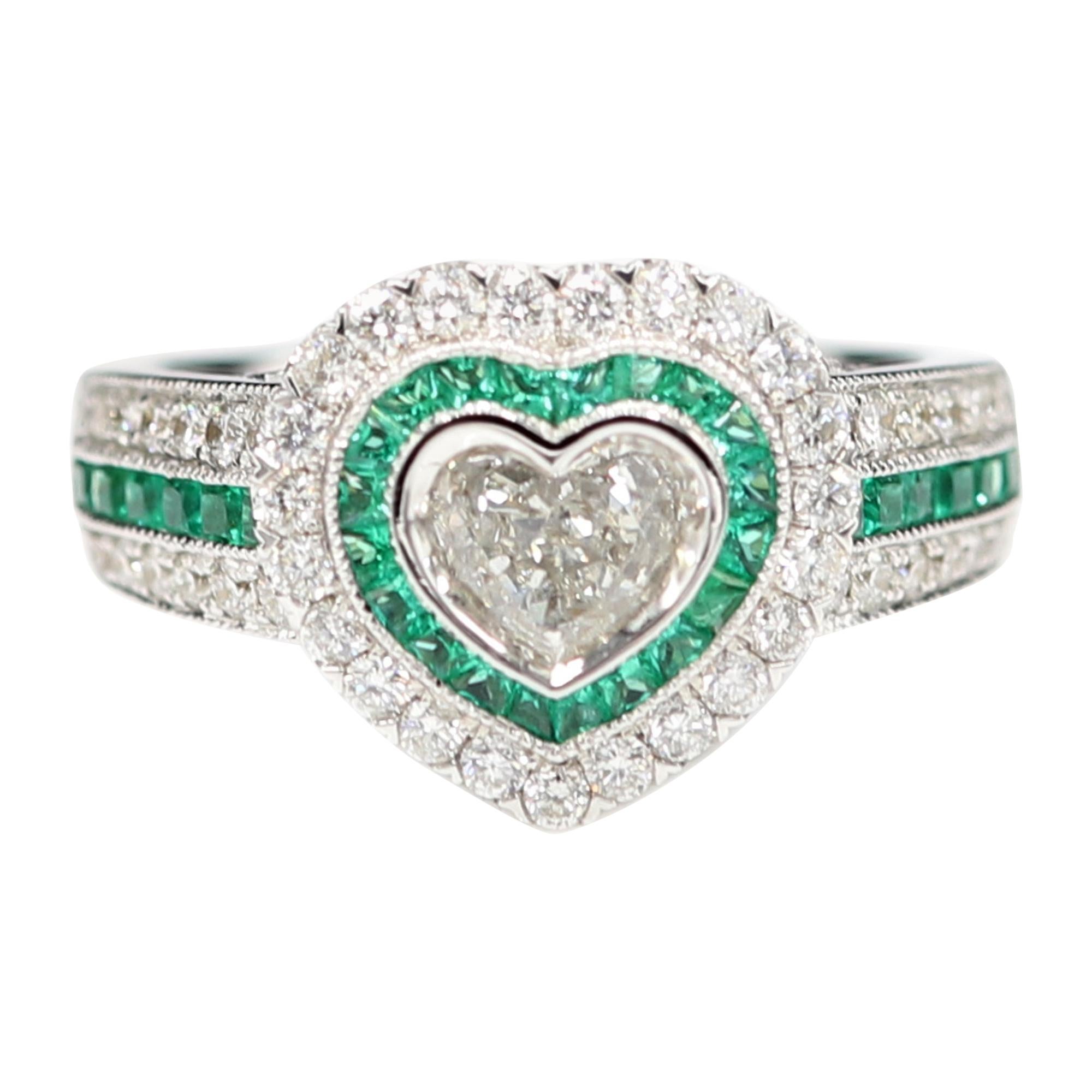 Art Deco Style Heart Ring Diamonds & Emerald Ring Jewelry Heart Diamond For Sale
