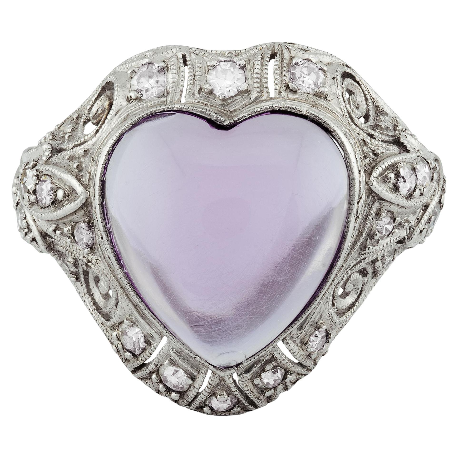 Art Deco Heart Shape Amethyst & Diamond Ring in Platinum