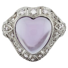 Art Deco Heart Shape Amethyst & Diamond Ring in Platinum