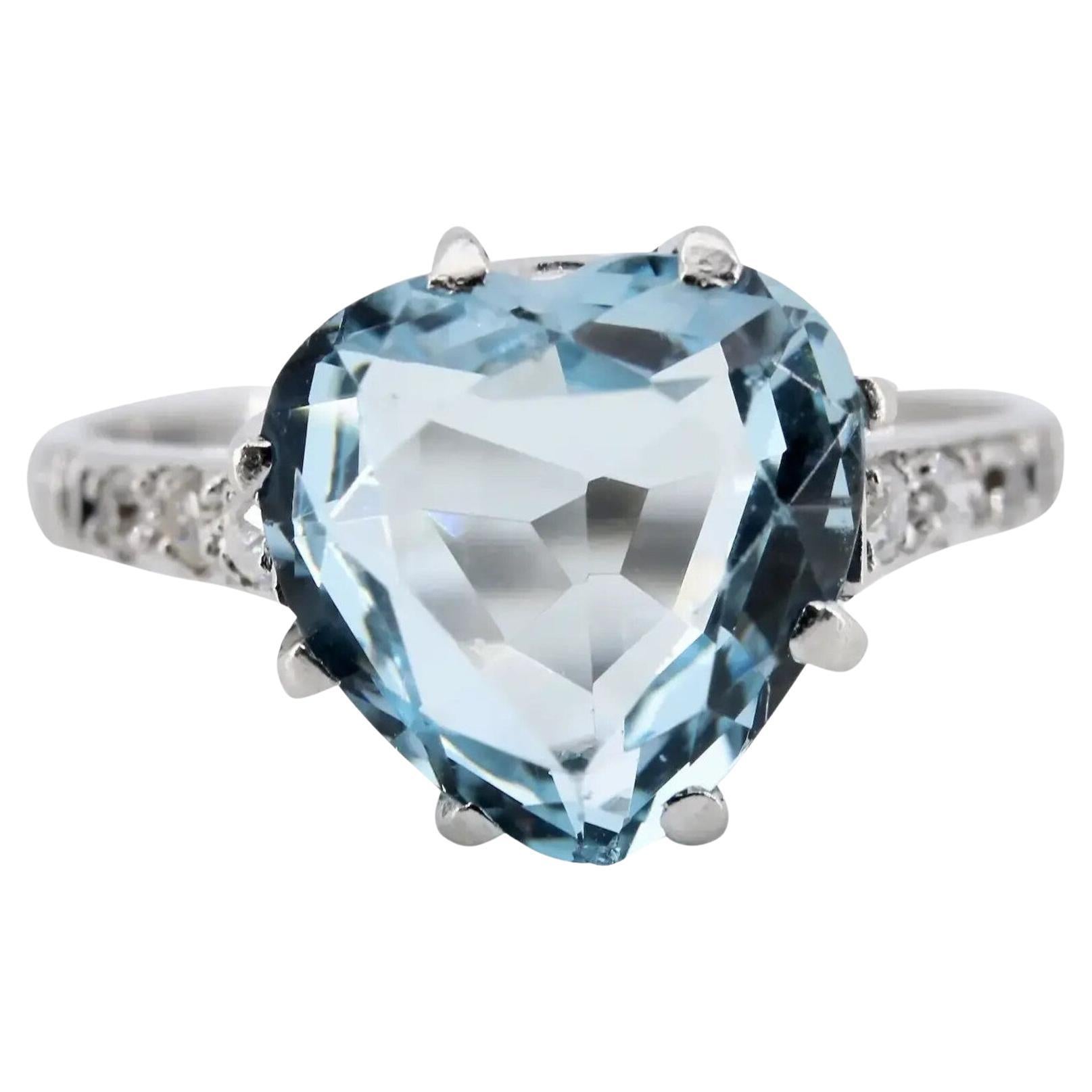 Art Deco Heart Shaped 3.28 CTW Aquamarine & Diamond Ring in Platinum For Sale