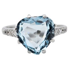 Antique Art Deco Heart Shaped 3.28 CTW Aquamarine & Diamond Ring in Platinum