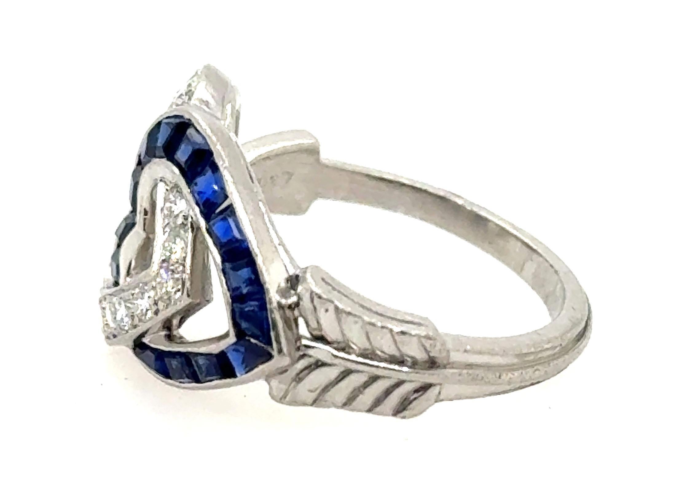 Women's Art Deco Hearts and Arrow Sapphire Diamond Ring Original 1930's Antique Platinum For Sale