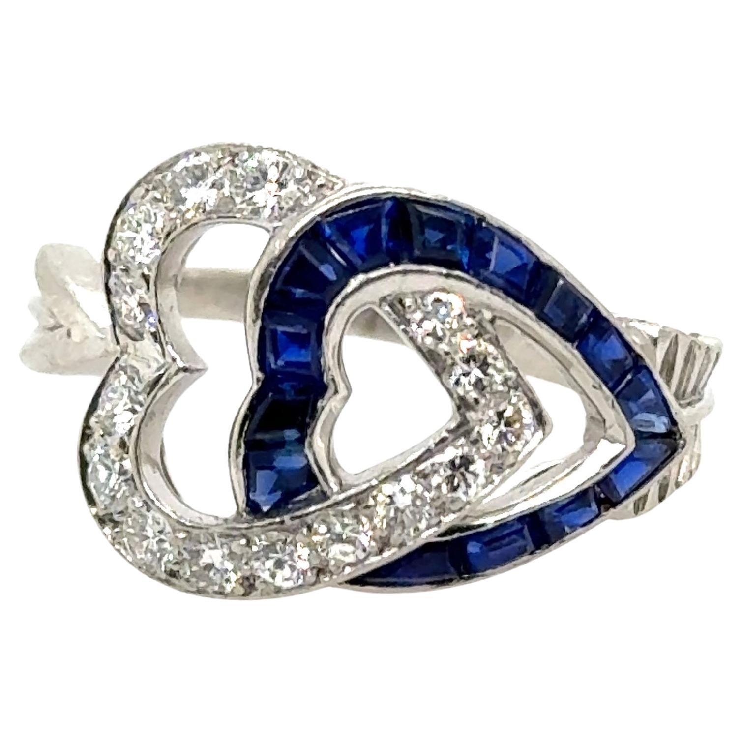 Arte Deco Hearts and Arrow Sapphire Diamond Ring Original 1930's Antique Platinum