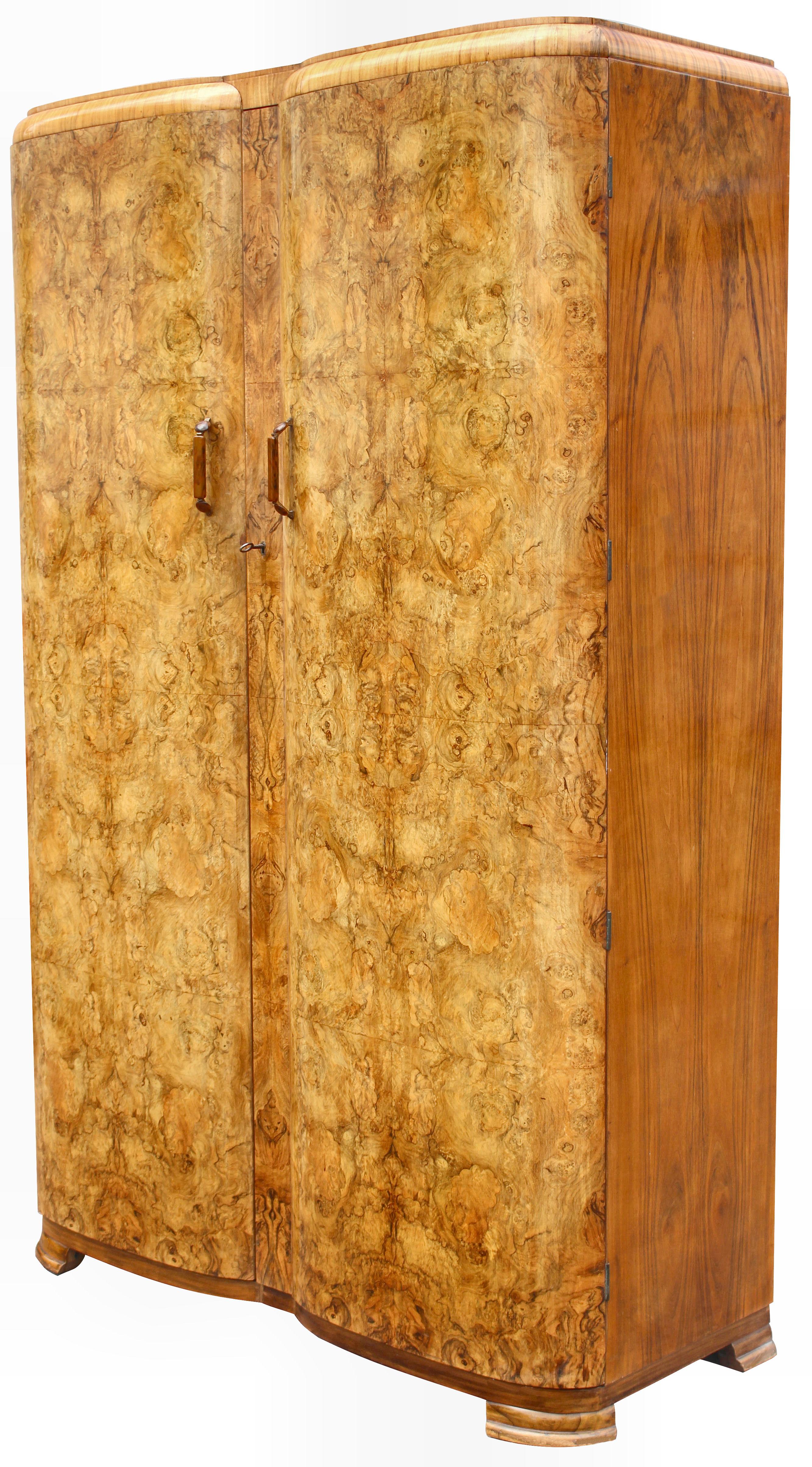 Art Deco Heavily Figured Honey Walnut Double Wardrobe, English, c1930 In Good Condition In Devon, England
