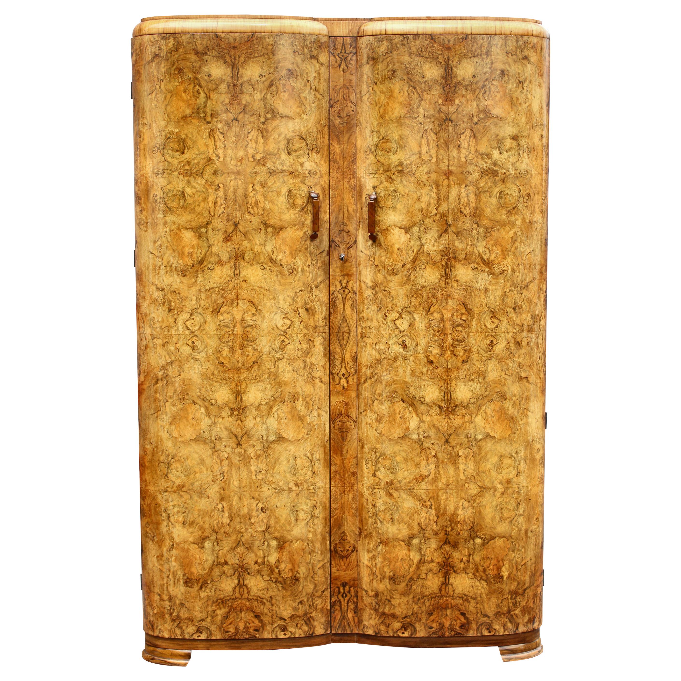 Art Deco Heavily Figured Honey Walnut Double Wardrobe, English, c1930