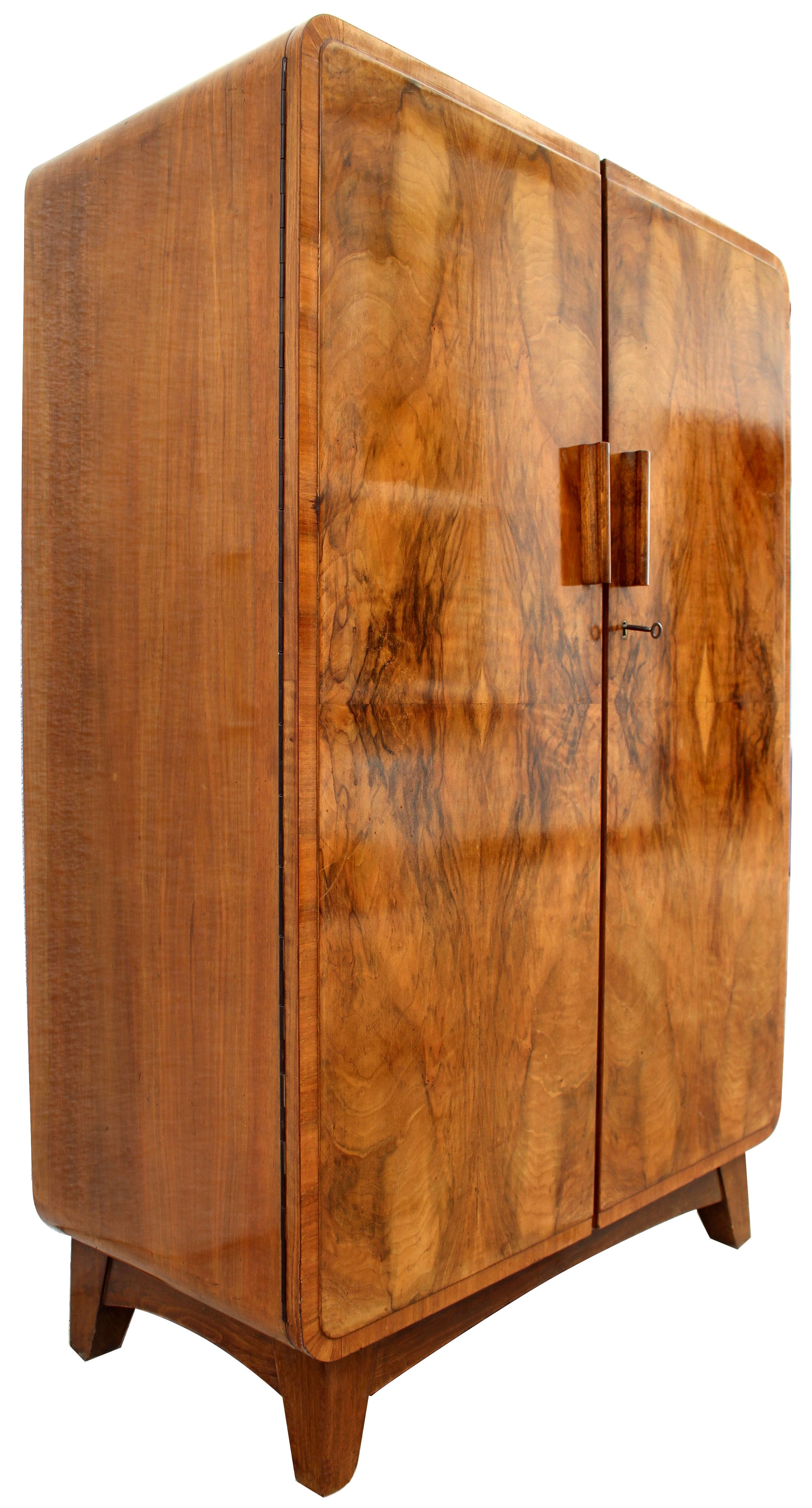 European Art Deco Heavily Figured Walnut Gents Wardrobe, Tallboy, circa 1930