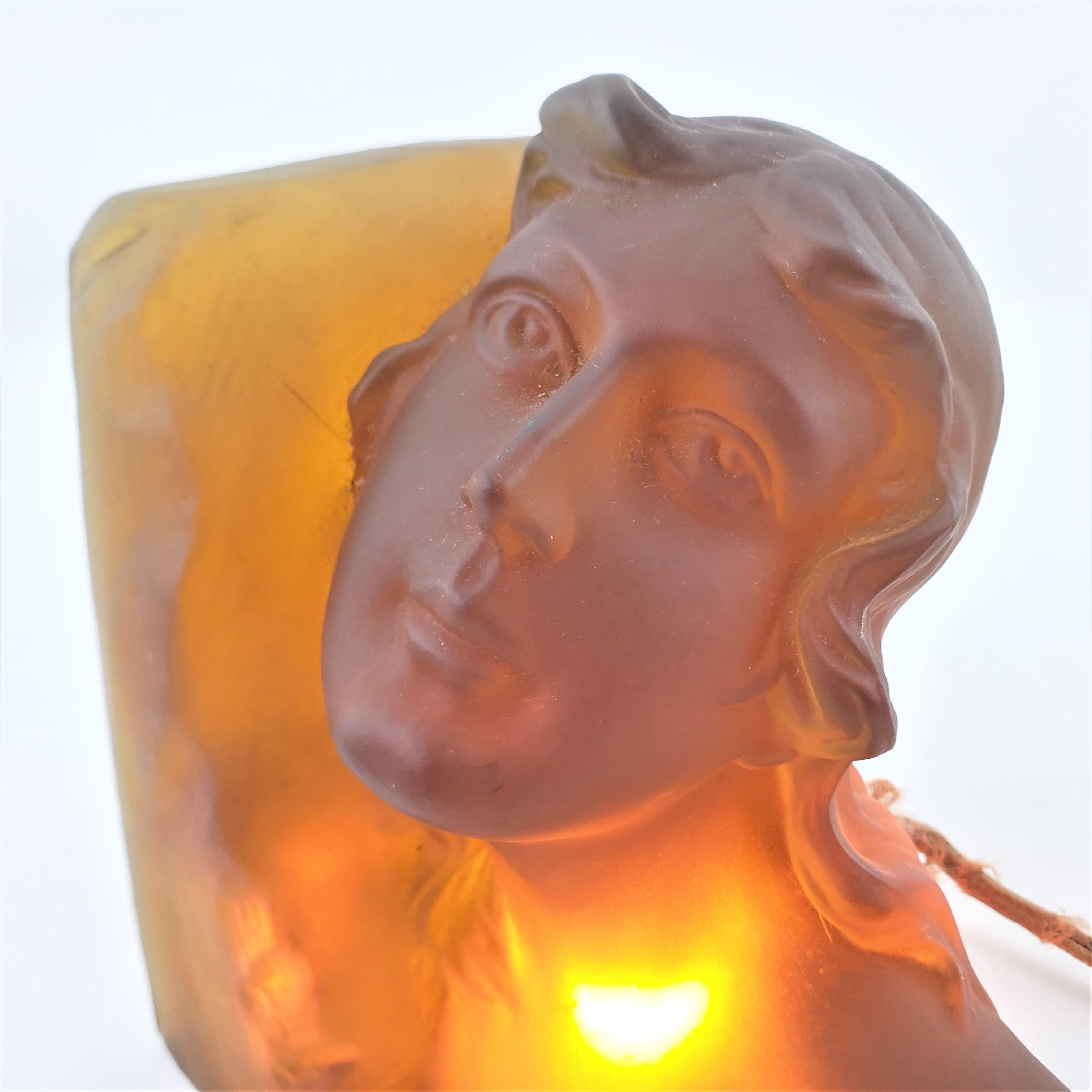 Art Deco Heavy Amber Glass Figural Female Bust Table Accent Lamp or Sculpture For Sale 7