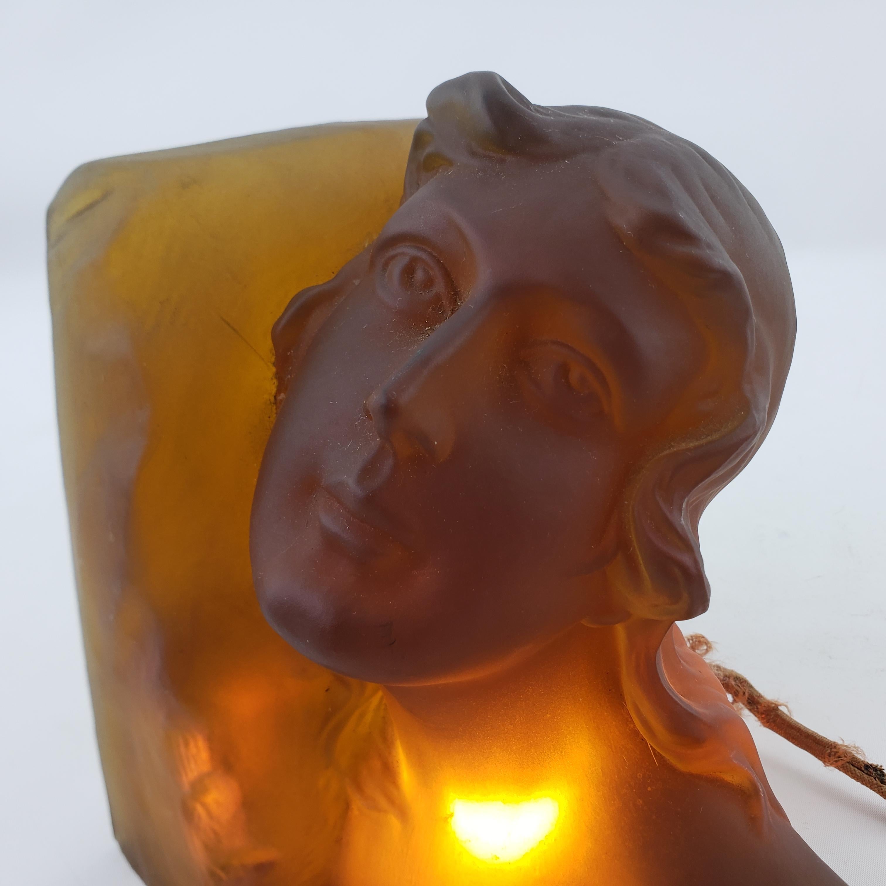 Art Deco Heavy Amber Glass Figural Female Bust Table Accent Lamp or Sculpture For Sale 8