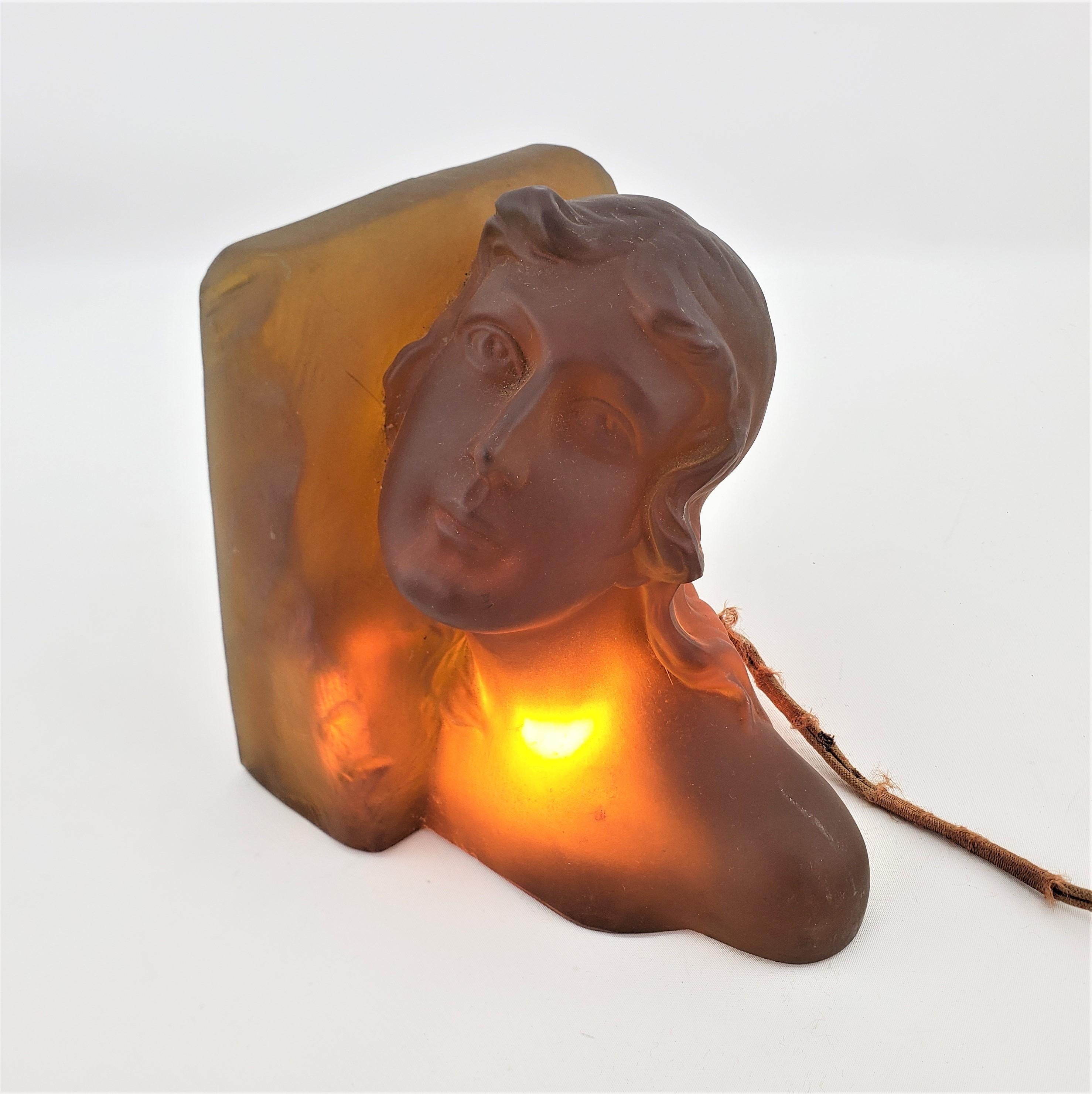 Czech Art Deco Heavy Amber Glass Figural Female Bust Table Accent Lamp or Sculpture For Sale