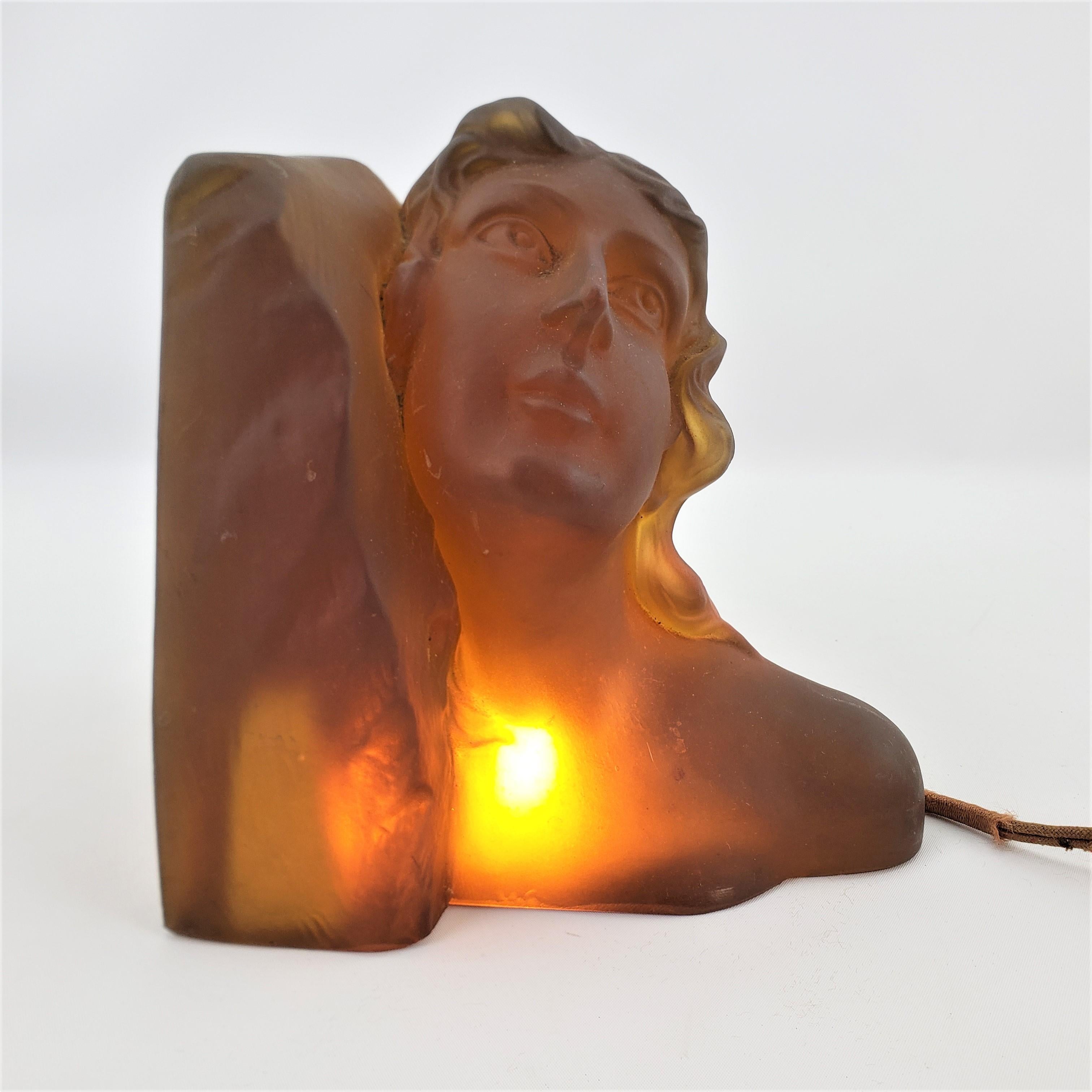 Molded Art Deco Heavy Amber Glass Figural Female Bust Table Accent Lamp or Sculpture For Sale