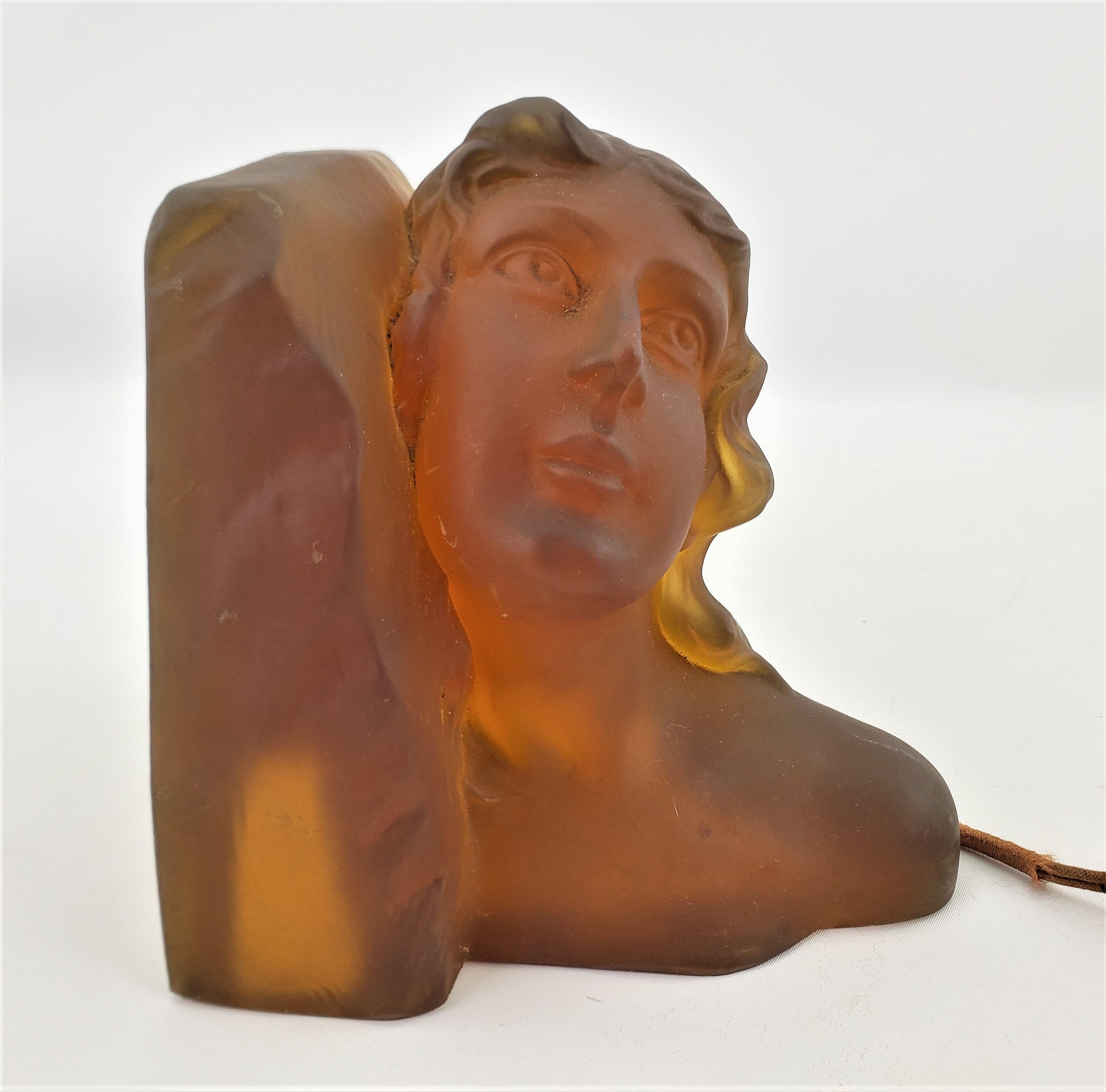 Molded Art Deco Heavy Amber Glass Figural Female Bust Table Accent Lamp or Sculpture For Sale