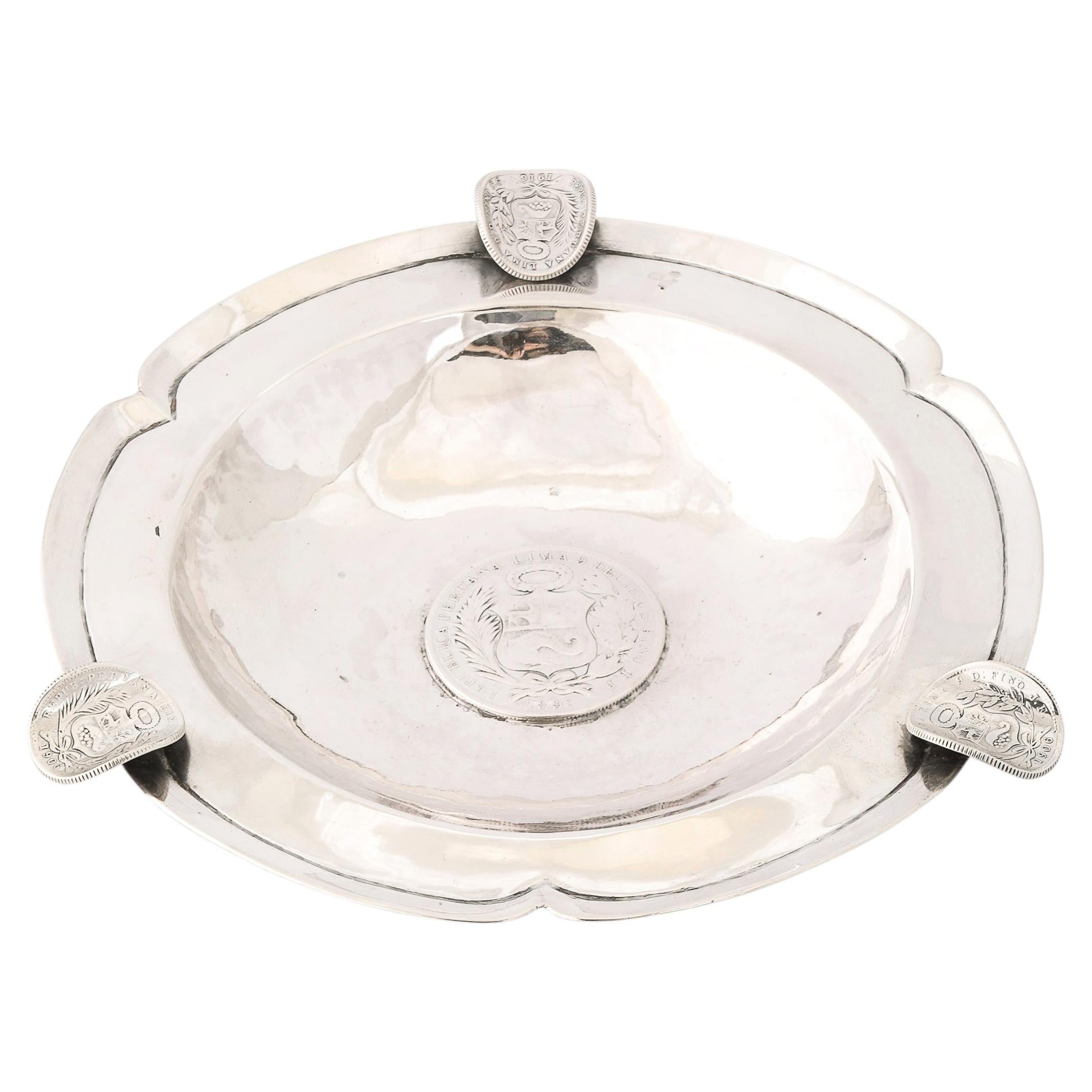 Art Deco Heavy Hand-Hammered .900 Sterling Silver Ashtray with Sculptural Coins